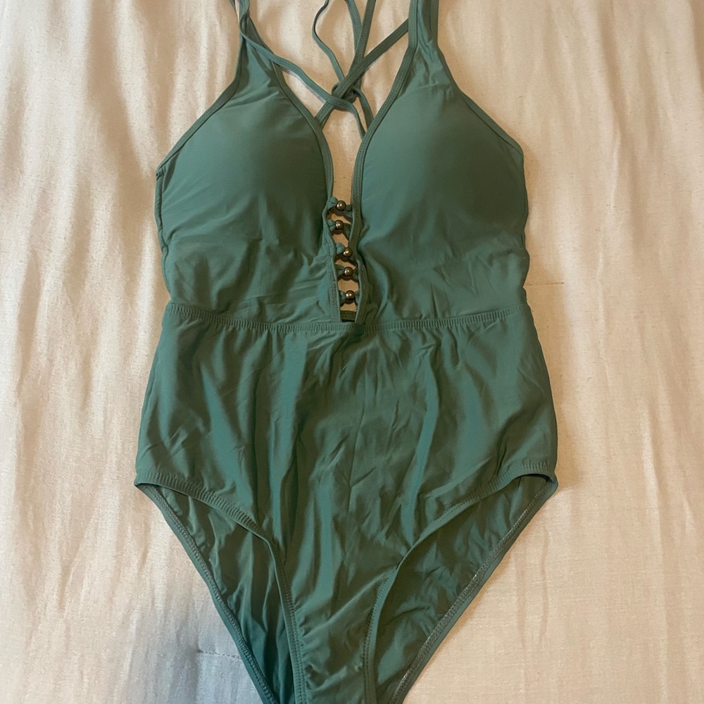Green One-Piece Swimsuit with Lace-Up Detail